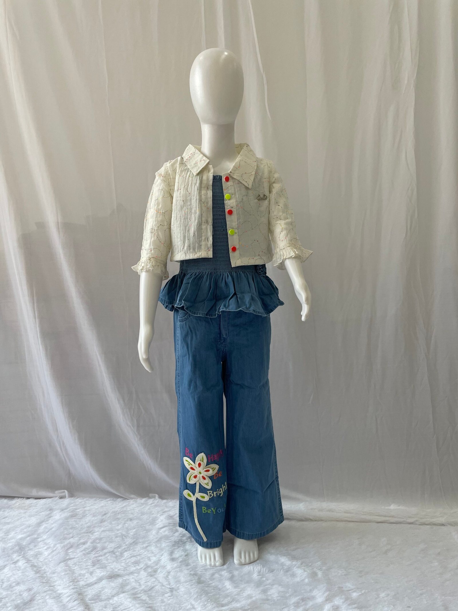 Girls Denim Co-ord Set - 3 Piece Cream Ruffle Shrug, Smocked Denim Peplum Top and Wide Leg Printed Jeans