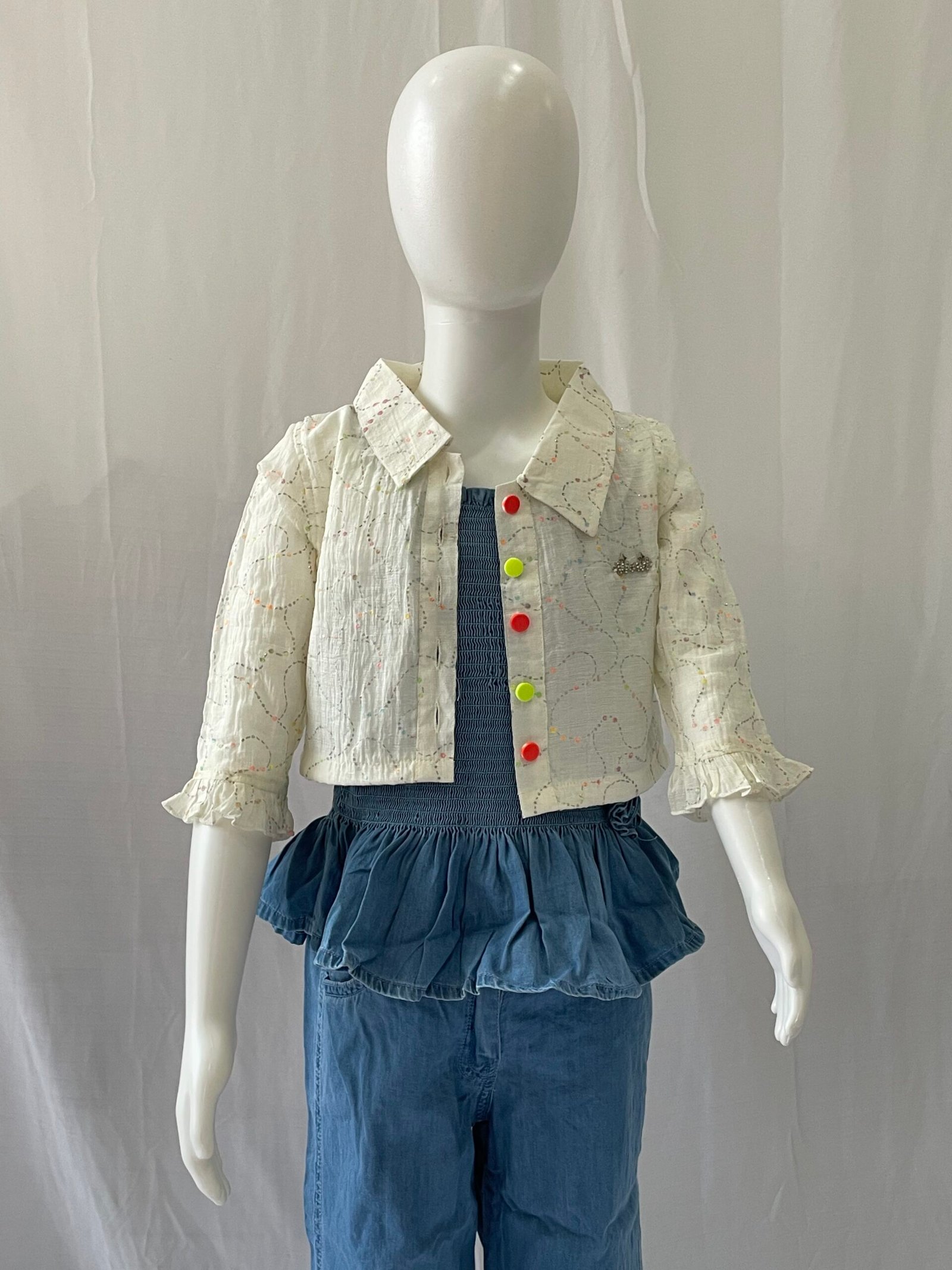 Girls Denim Co-ord Set - 3 Piece Cream Ruffle Shrug, Smocked Denim Peplum Top and Wide Leg Printed Jeans