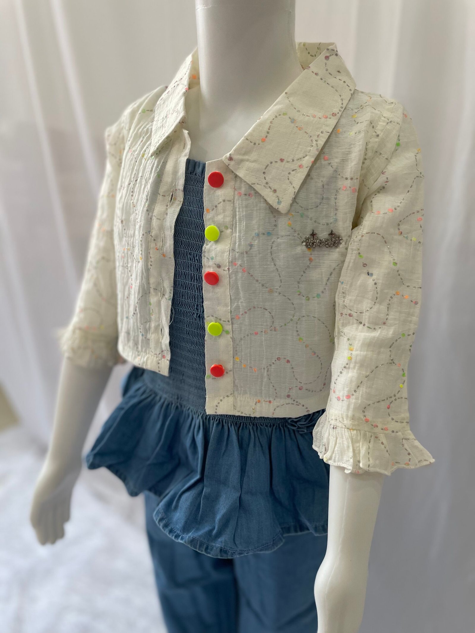 Girls Denim Co-ord Set - 3 Piece Cream Ruffle Shrug, Smocked Denim Peplum Top and Wide Leg Printed Jeans