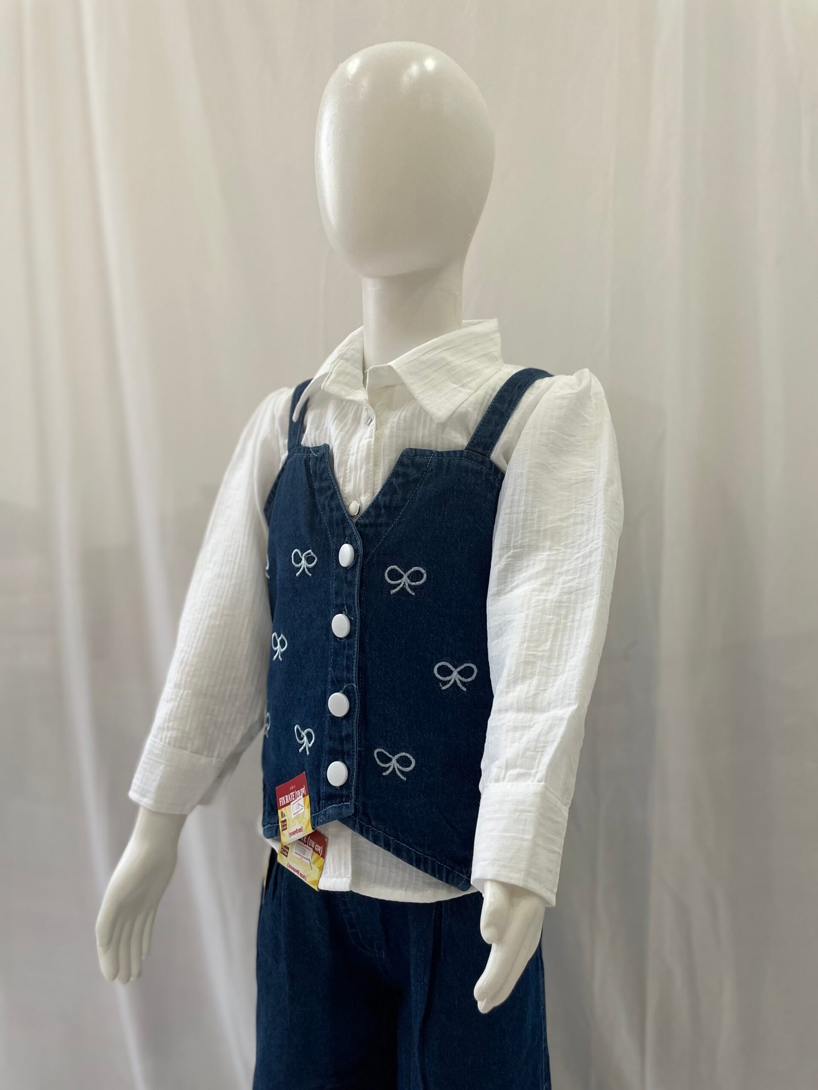 Girls Denim Co-ord Set - 3 Piece Bow Embroidered Denim Waistcoat, White Shirt and Wide Leg Jeans