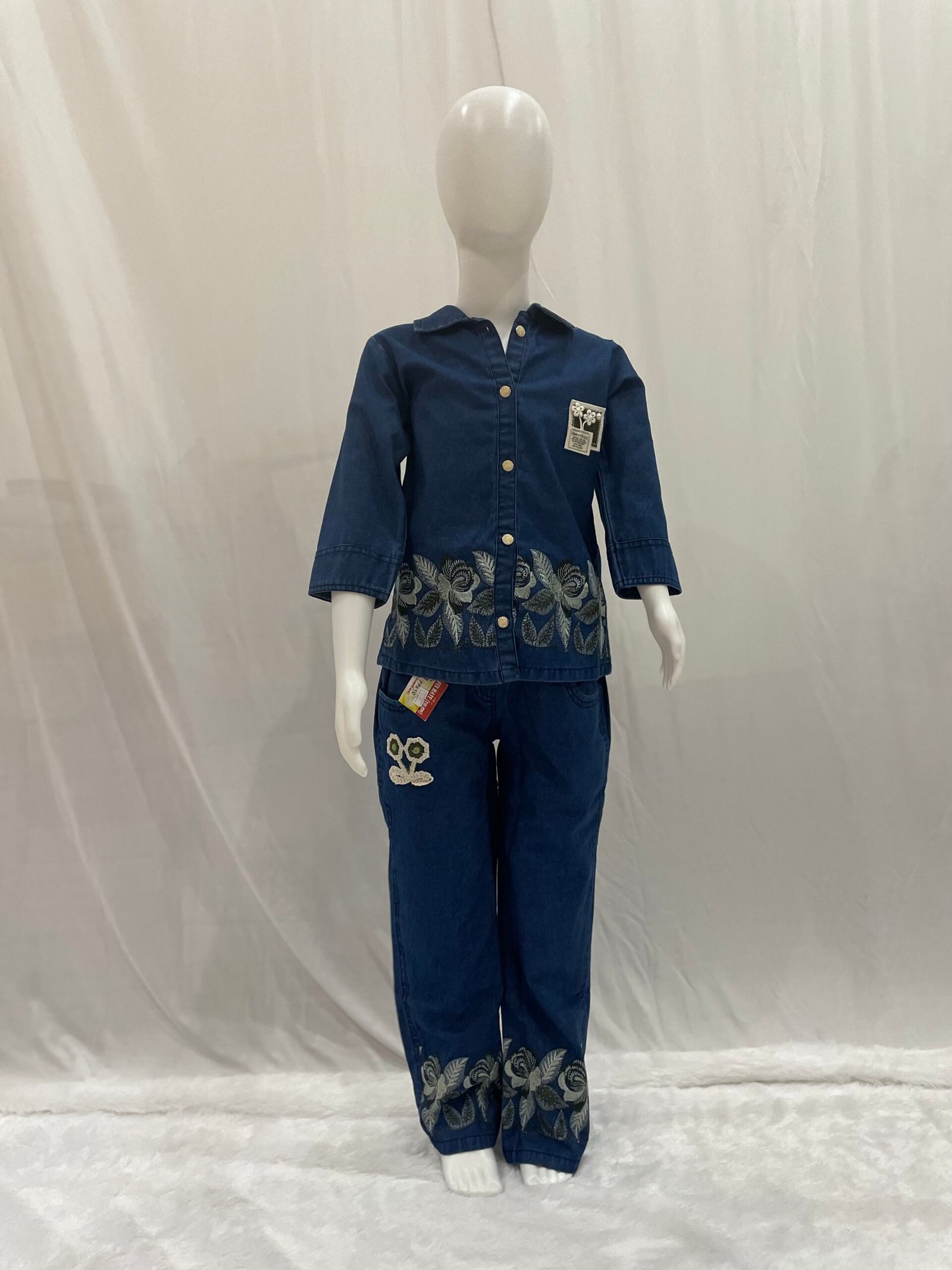 Girls Denim Co-ord Set - 2 Piece Dark Blue Denim Shirt and Wide Leg Jeans with Floral Border Print