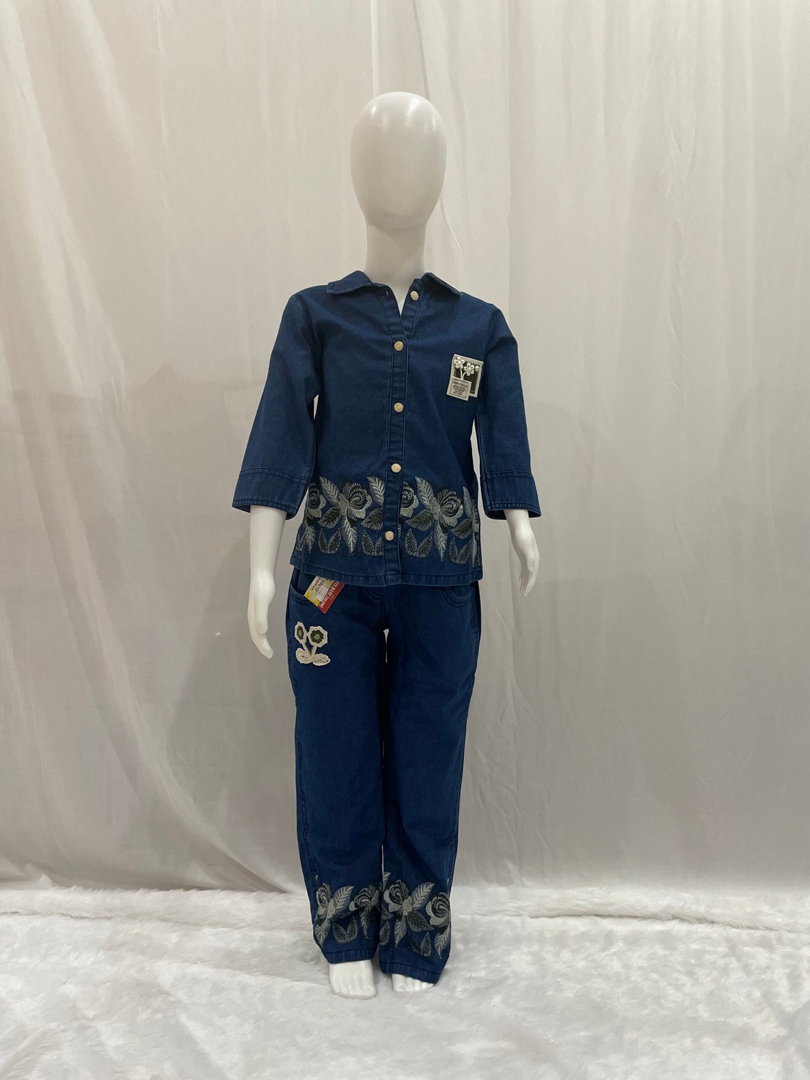 Girls Denim Co-ord Set - 2 Piece Dark Blue Denim Shirt and Wide Leg Jeans with Floral Border Print