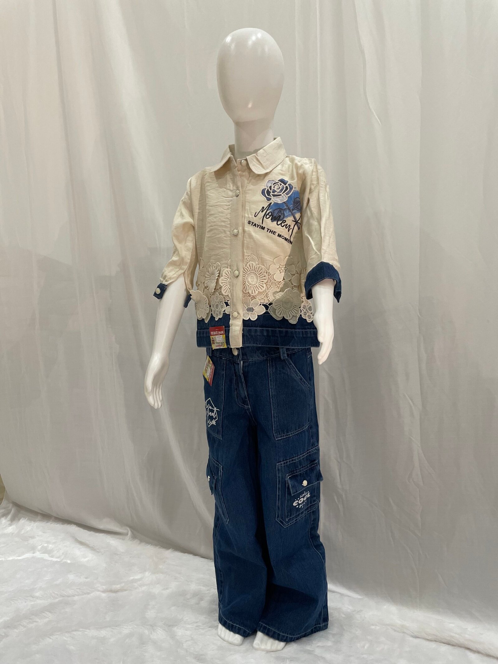 Girls Denim Co-ord Set - 2 Piece Beige Rose Print Shirt with Crochet Lace and Wide Leg Cargo Jeans
