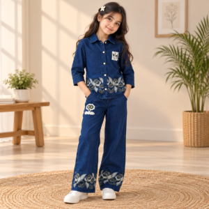 Girls Denim Co-ord Set - 2 Piece Dark Blue Denim Shirt and Wide Leg Jeans with Floral Border Print